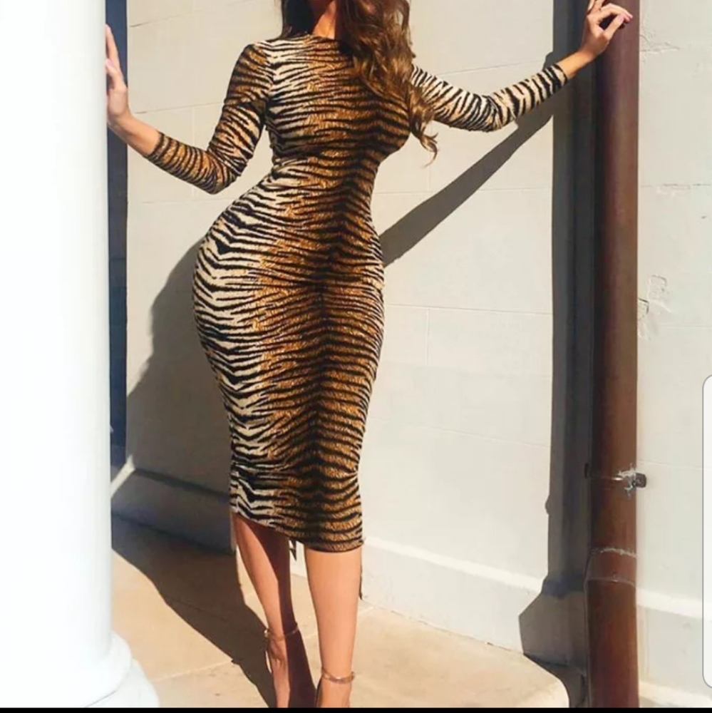 Leopard print long sleeve slim bodycon sexy dress